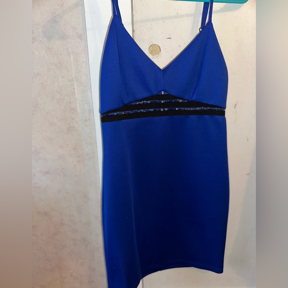 Blue dress with see through mesh detail